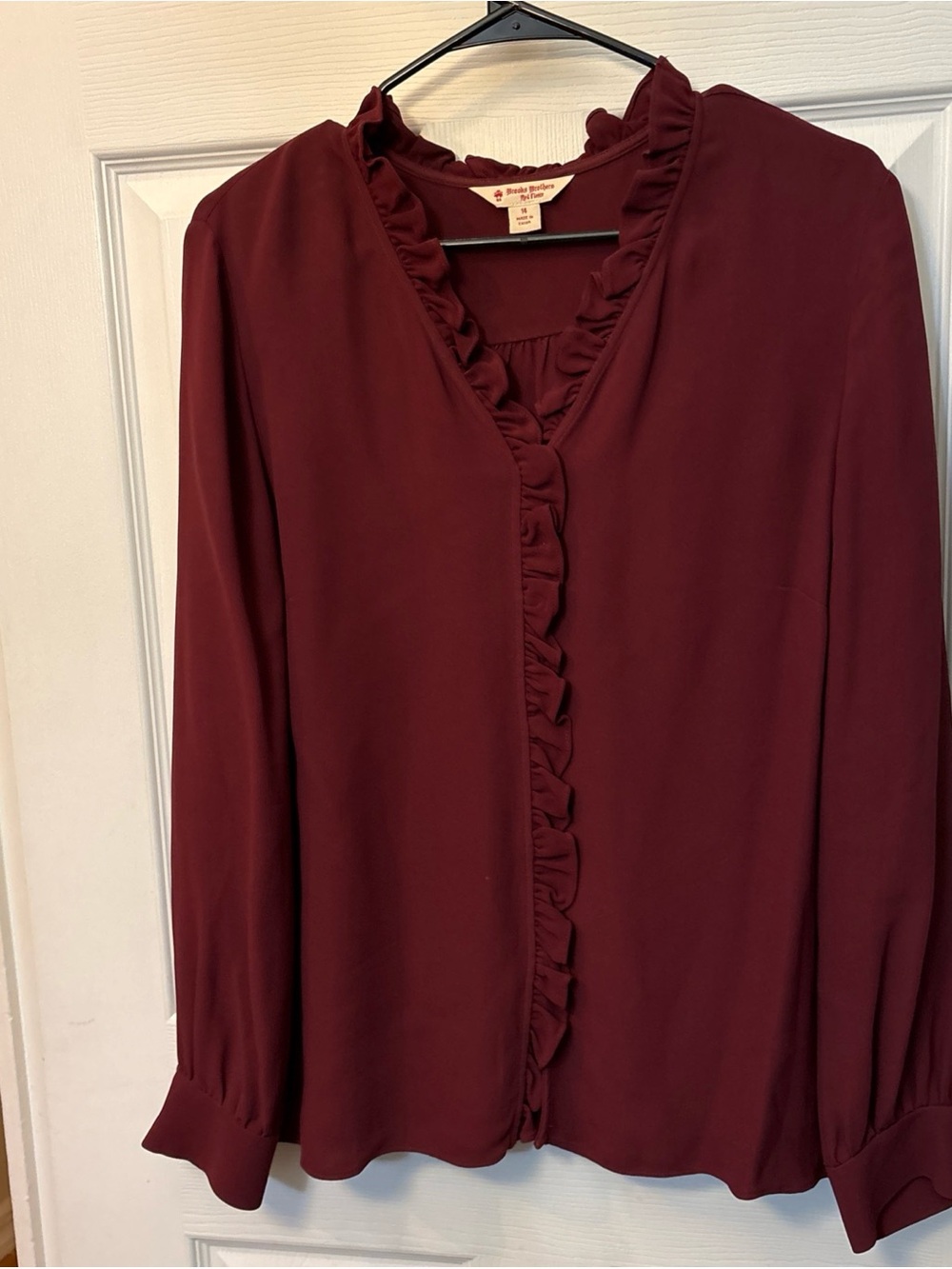 Brooks Brothers Burgundy Ruffle-Trim V-Neck Blouse